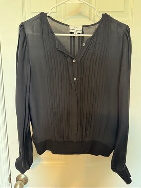Et Eais Black Silk Pleated Front Long-Sleeve Blouse - Lightweight Women's Top